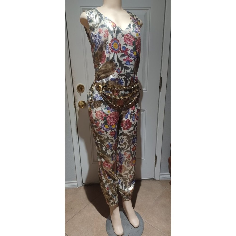 CHANEL GOLD floral SILK SET TANK 40 FR/EASY PANT38FR